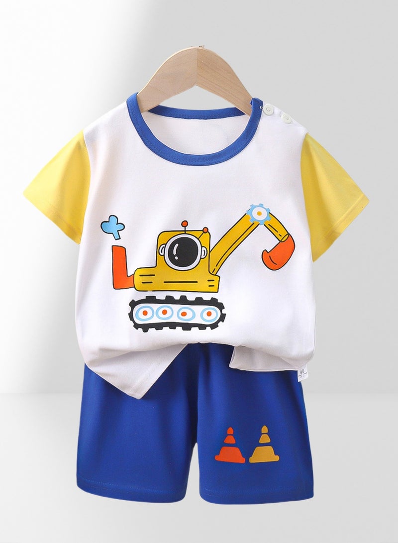 3 boys short sleeve shorts suit, 3 car racing excavator print suit - Image 2