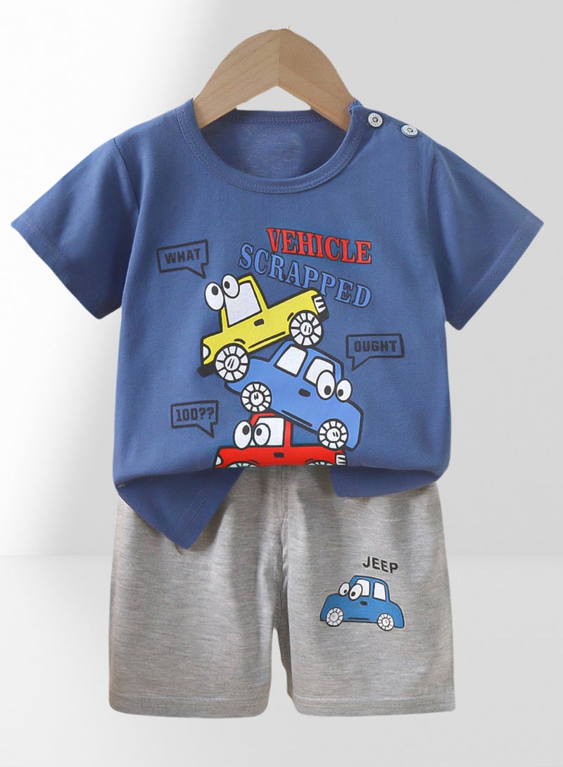 3 boys short sleeve shorts suit, 3 car racing excavator print suit - Image 3