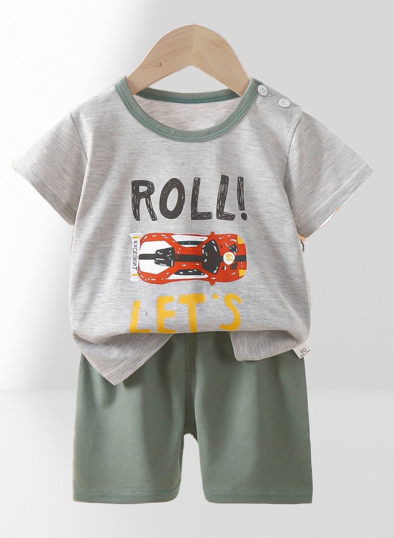 3 boys short sleeve shorts suit, 3 car racing excavator print suit - Image 4