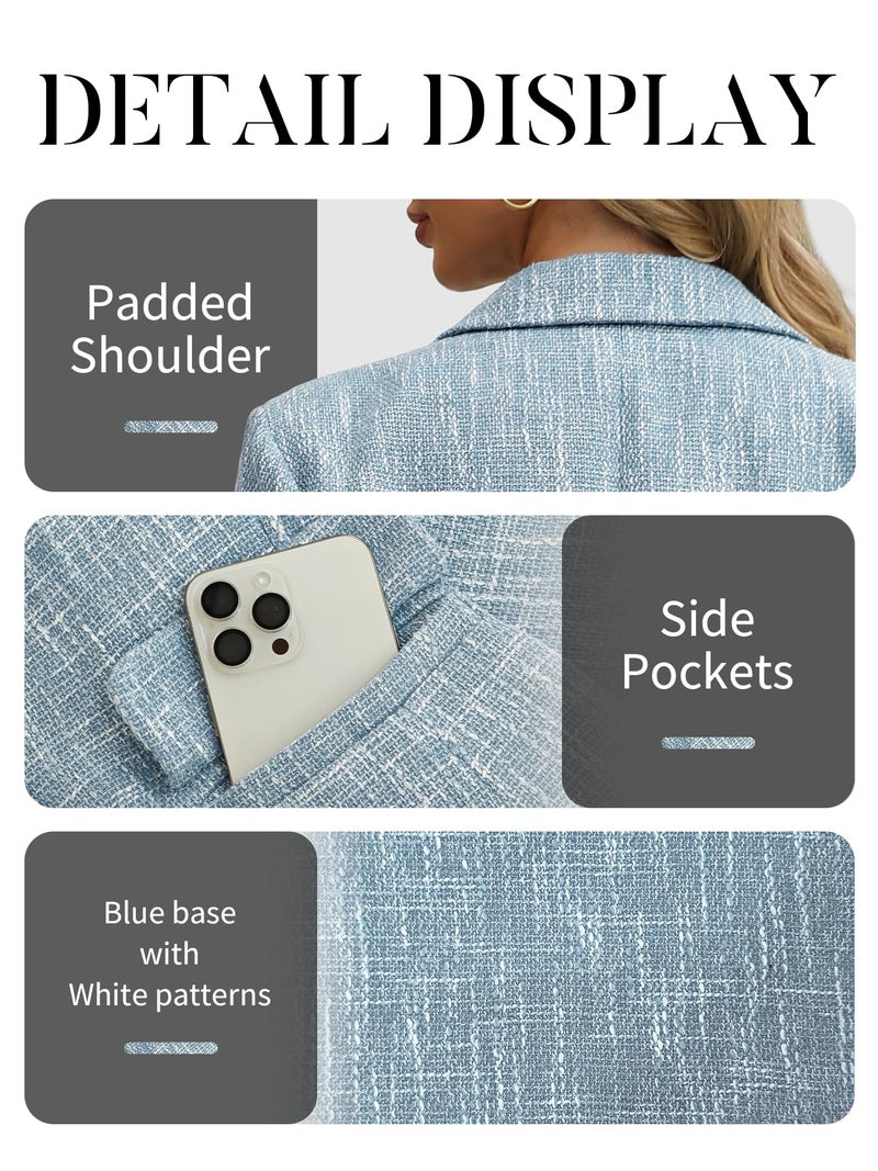 ELLEVEN Womens Tweed Blazers Business Casual Long Sleeve Double Breasted Bottons Jackets Work Suit Slim Fit Dressy Elegant Pockets Plaid Blazer Padded Shoulder Spring Fall Winter Light Blue X-Large - Image 5