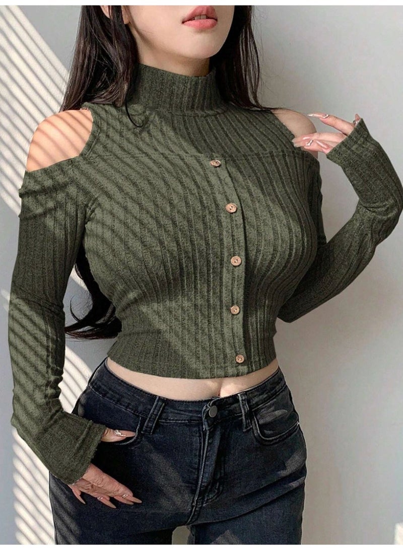 Dazy Women Casual Off Shoulder Button Decor Fitted Short Sleeve T-Shirt, Autumn,Back To - Image 4