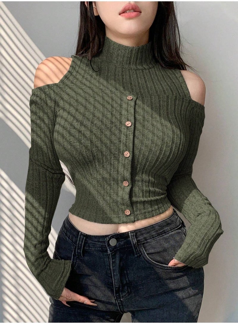 Dazy Women Casual Off Shoulder Button Decor Fitted Short Sleeve T-Shirt, Autumn,Back To - Image 1