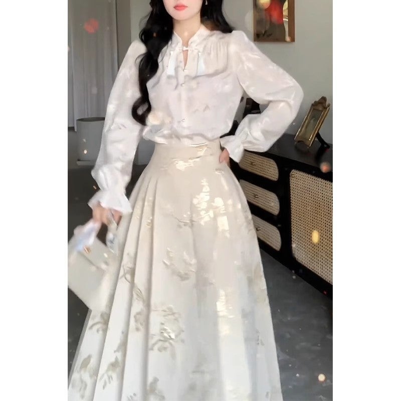 Spring 2024 New High Waist Slimming Skirt Top New Chinese Style Guofeng Heavy Industry Jacquard Gold Silk Horse Face Dress for Women two-piece set - Image 3