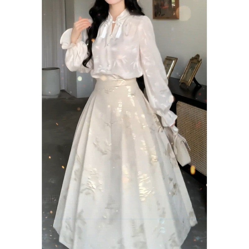 Spring 2024 New High Waist Slimming Skirt Top New Chinese Style Guofeng Heavy Industry Jacquard Gold Silk Horse Face Dress for Women two-piece set - Image 1
