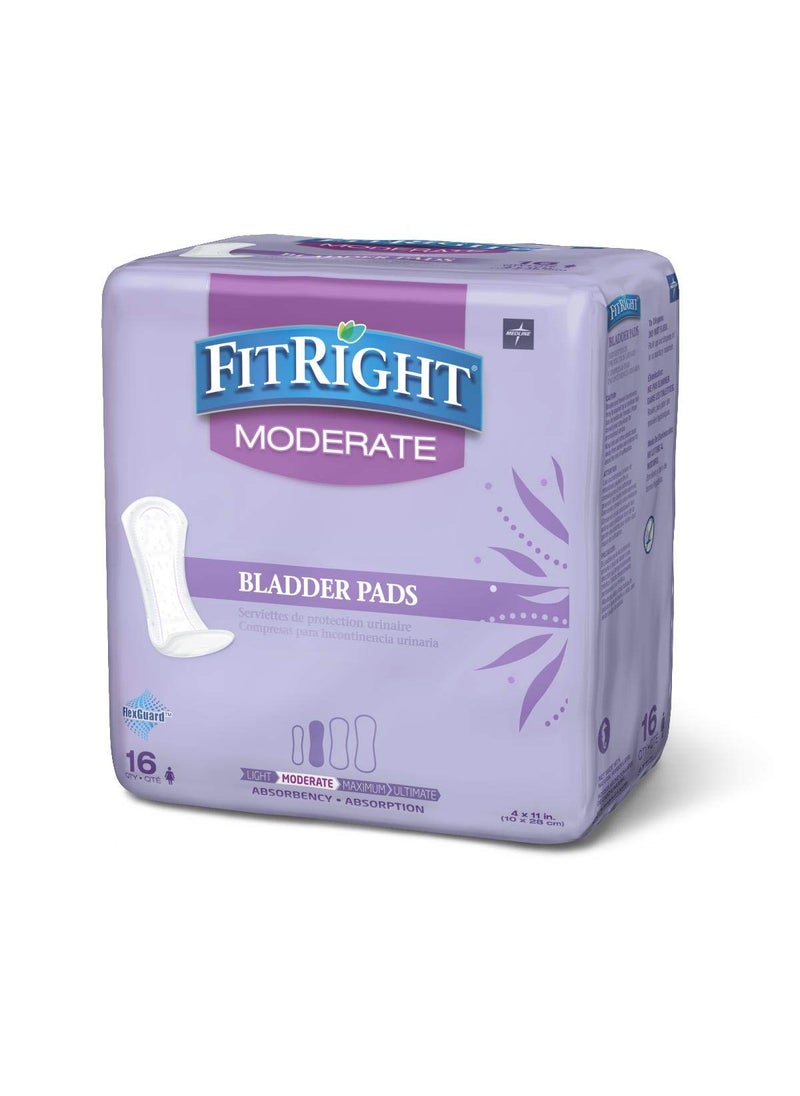 Medline FitRight Incontinence Bladder Control Pads, Moderate Absorbency, 4.3" x 11", 16 Count (Pack of 12) 