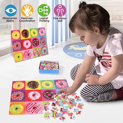 LELEMON Puzzles for Kids Ages 4-8,Donut Puzzle 100 Piece Puzzles for Kids Ages 4-6 in a Metal Box,Educational Jigsaw Puzzles 100 Piece Puzzle Games Toys for Girls and Boys - Image 3