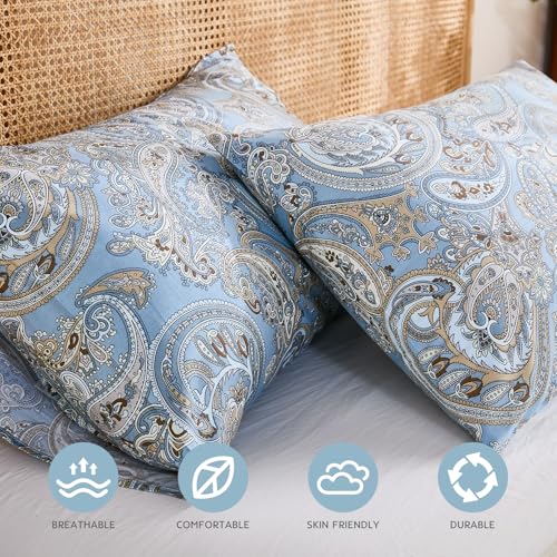 Cozaline Queen Size Pillowcases Set of 2, 100% Cotton Pillow Cases, Blue Paisley Print, Soft Breathable Envelope Closure Pillow Covers(Queen, 20"x30") - Image 2