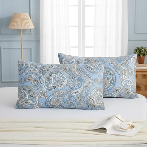 Cozaline Queen Size Pillowcases Set of 2, 100% Cotton Pillow Cases, Blue Paisley Print, Soft Breathable Envelope Closure Pillow Covers(Queen, 20"x30") - Image 1