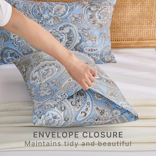 Cozaline Queen Size Pillowcases Set of 2, 100% Cotton Pillow Cases, Blue Paisley Print, Soft Breathable Envelope Closure Pillow Covers(Queen, 20"x30") - Image 4