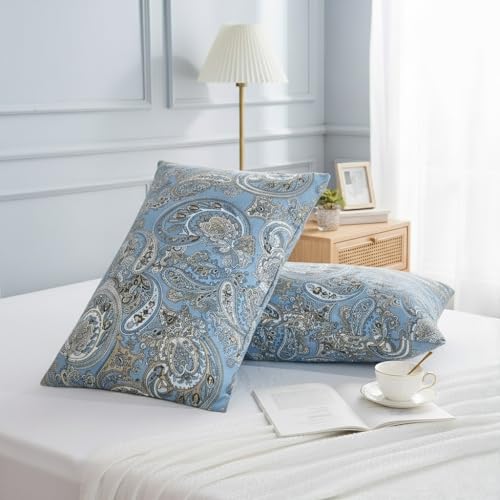 Cozaline Queen Size Pillowcases Set of 2, 100% Cotton Pillow Cases, Blue Paisley Print, Soft Breathable Envelope Closure Pillow Covers(Queen, 20"x30") - Image 3