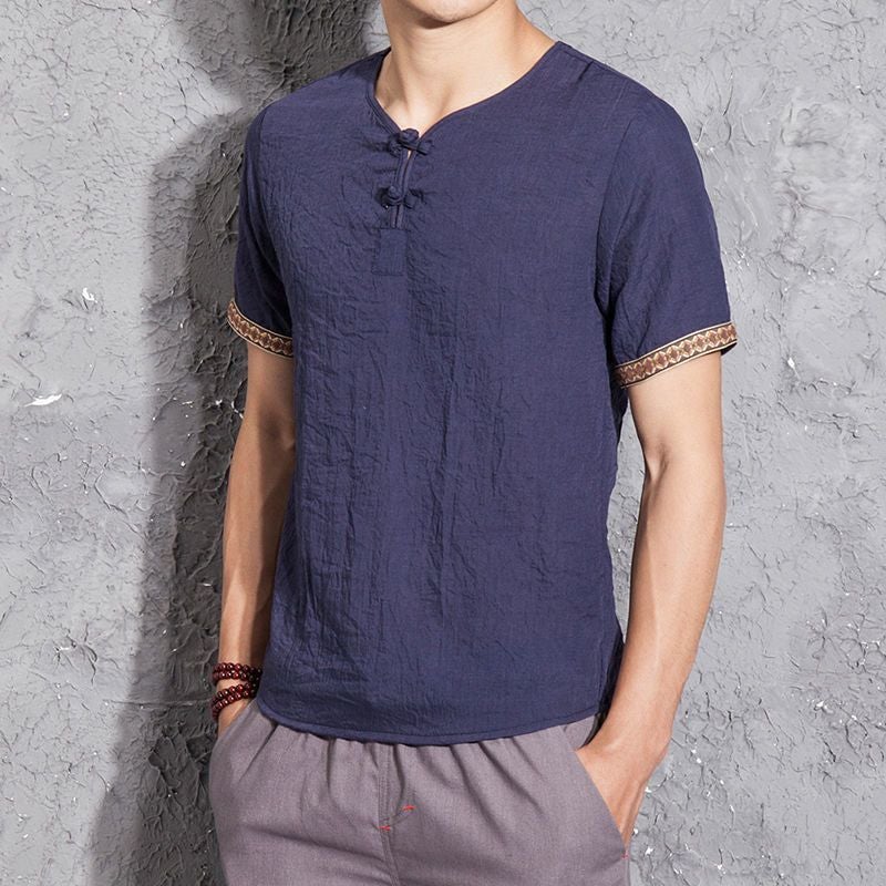 Chinese Style Men'S Cotton And Linen T-Shirt Summer Loose Hanfu Short-Sleeved Antique Top Chinese Style Retro Linen T-Shirt - Image 1
