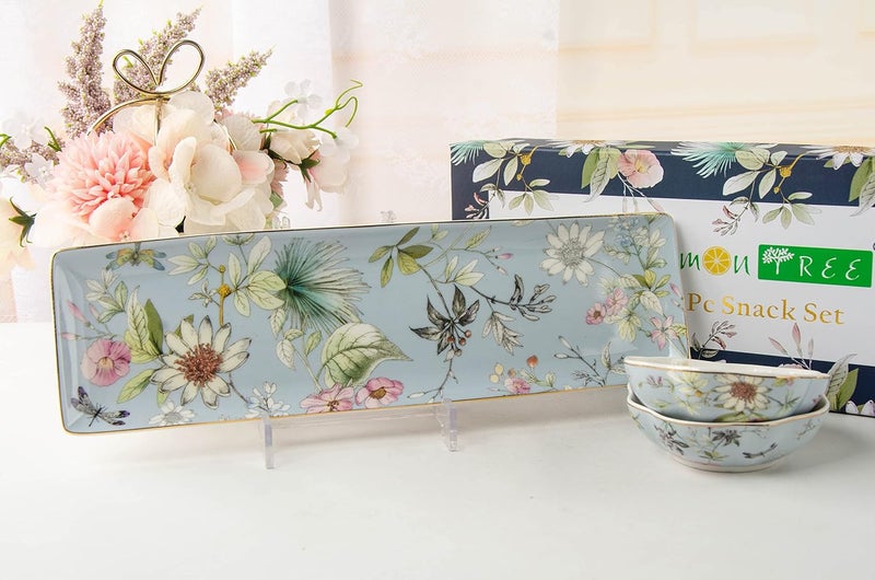 Lemon Tree Ceramic 3 PC Snack Set FV2224 Light Blue Bonechina Round Plates with Floral Design Durable Lightweight - Image 1