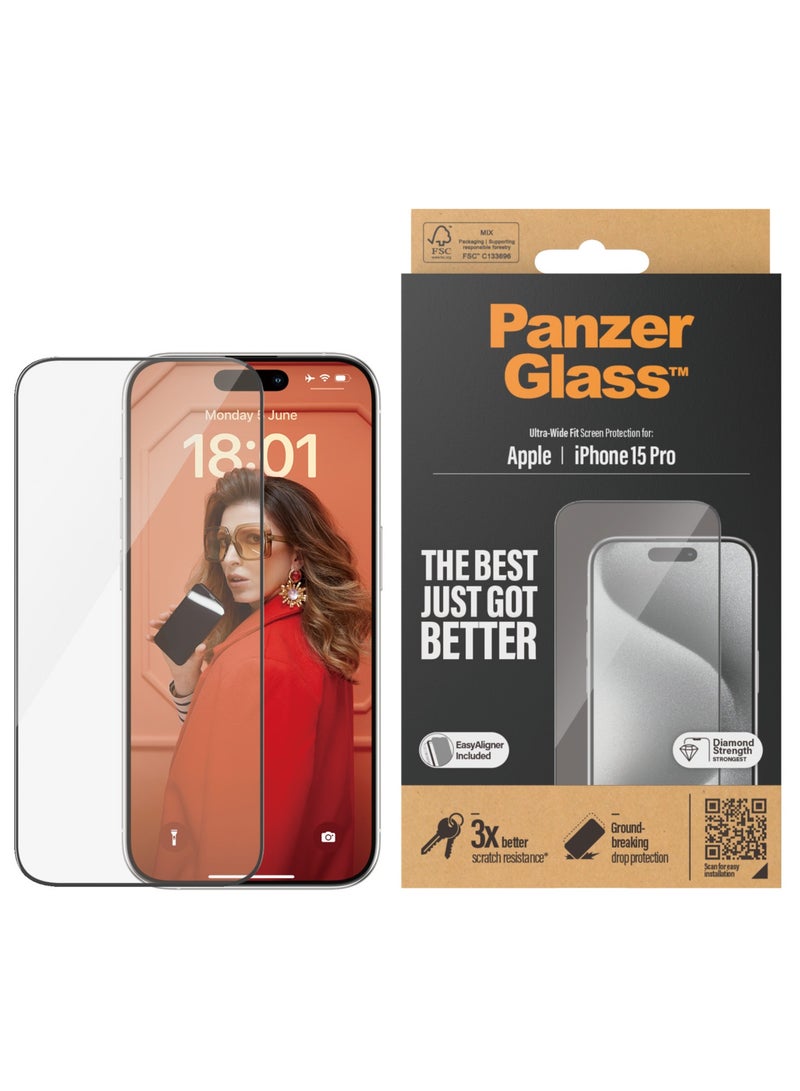PanzerGlass™ Scratch-Resistant Screen Protector for Apple iPhone 15 Pro - Ultra-Wide Fit and Crystal Clear Display, Shock-Resistance and Drop Protection with mounting aid for easy installation - Image 1