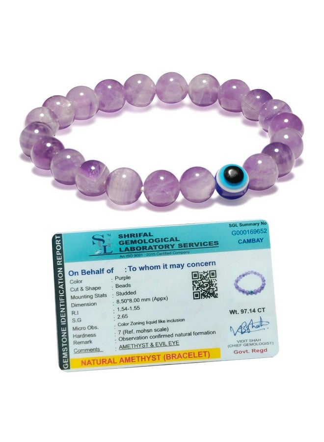 SOLAVA Original Amethyst Bracelet for Woman and Man with Evil Eye and Lab Certificate - Natural Energised Purple beads Bracelet, Evil Eye Bracelet for Protection, Healing and Mental Peace - 8MM Beads - Image 1