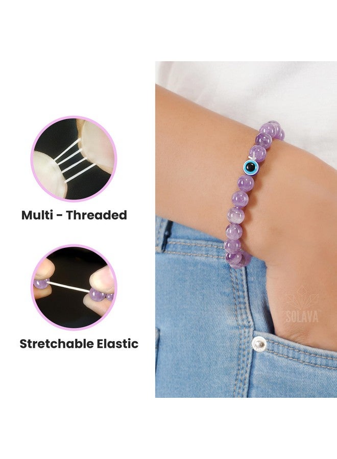SOLAVA Original Amethyst Bracelet for Woman and Man with Evil Eye and Lab Certificate - Natural Energised Purple beads Bracelet, Evil Eye Bracelet for Protection, Healing and Mental Peace - 8MM Beads - Image 3