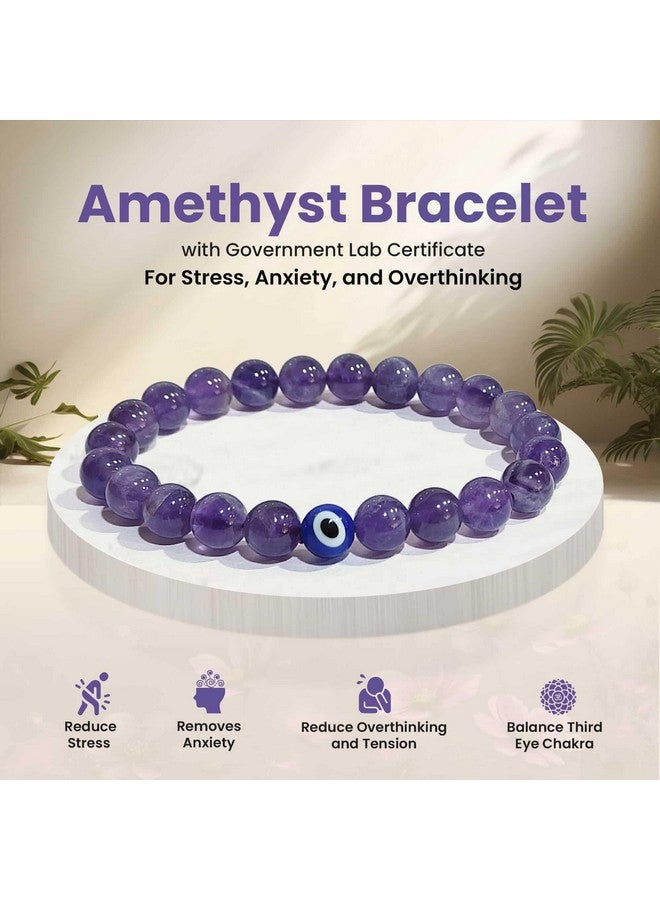 SOLAVA Original Amethyst Bracelet for Woman and Man with Evil Eye and Lab Certificate - Natural Energised Purple beads Bracelet, Evil Eye Bracelet for Protection, Healing and Mental Peace - 8MM Beads - Image 2