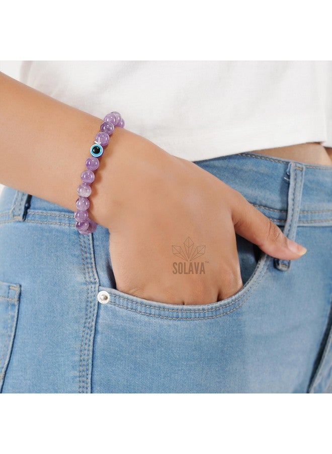 SOLAVA Original Amethyst Bracelet for Woman and Man with Evil Eye and Lab Certificate - Natural Energised Purple beads Bracelet, Evil Eye Bracelet for Protection, Healing and Mental Peace - 8MM Beads - Image 5
