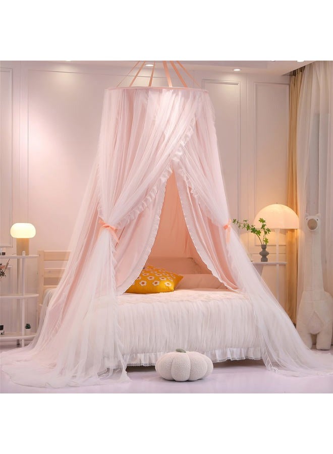 VETHIN Double Layer Princess Round Dome Canopy Bed Curtain for Girls Adults,Children Dreamy Mosquito Net,Cute Bedroom Decoration Castle Play Tent Reading Nook Canopies(Dome-Pink/White) - Image 1