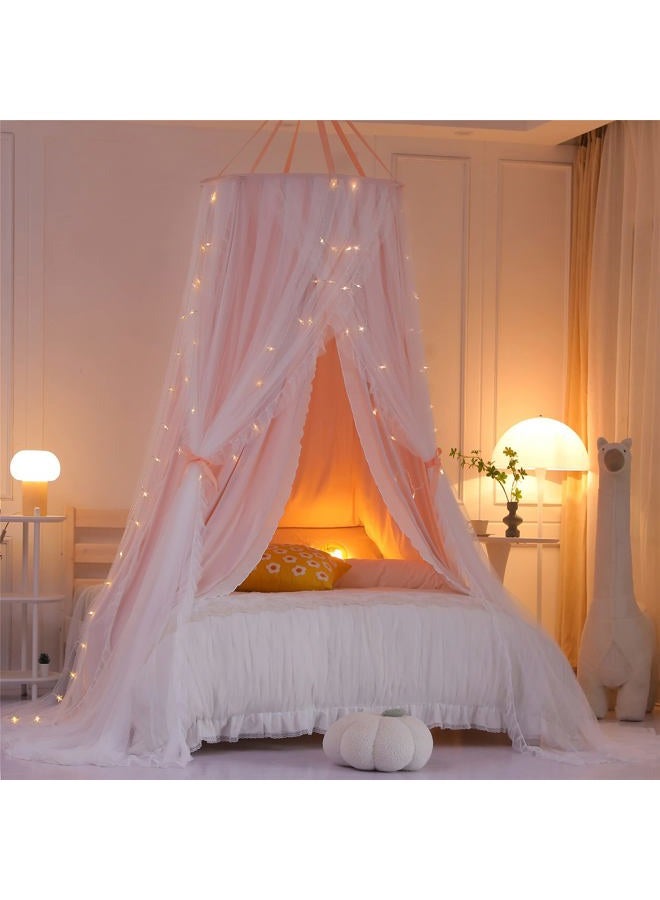 VETHIN Double Layer Princess Round Dome Canopy Bed Curtain for Girls Adults,Children Dreamy Mosquito Net,Cute Bedroom Decoration Castle Play Tent Reading Nook Canopies(Dome-Pink/White) - Image 4