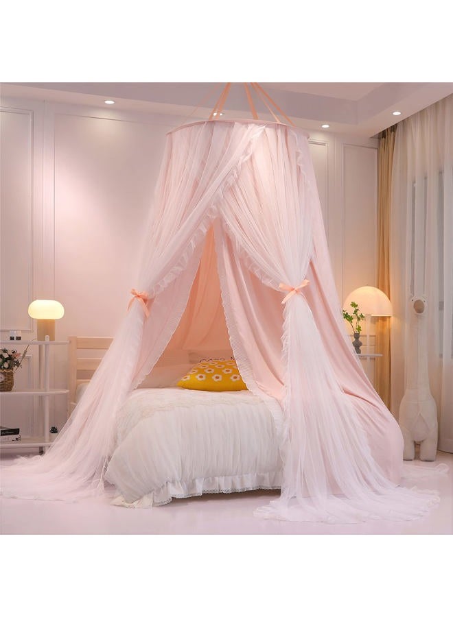 VETHIN Double Layer Princess Round Dome Canopy Bed Curtain for Girls Adults,Children Dreamy Mosquito Net,Cute Bedroom Decoration Castle Play Tent Reading Nook Canopies(Dome-Pink/White) - Image 2