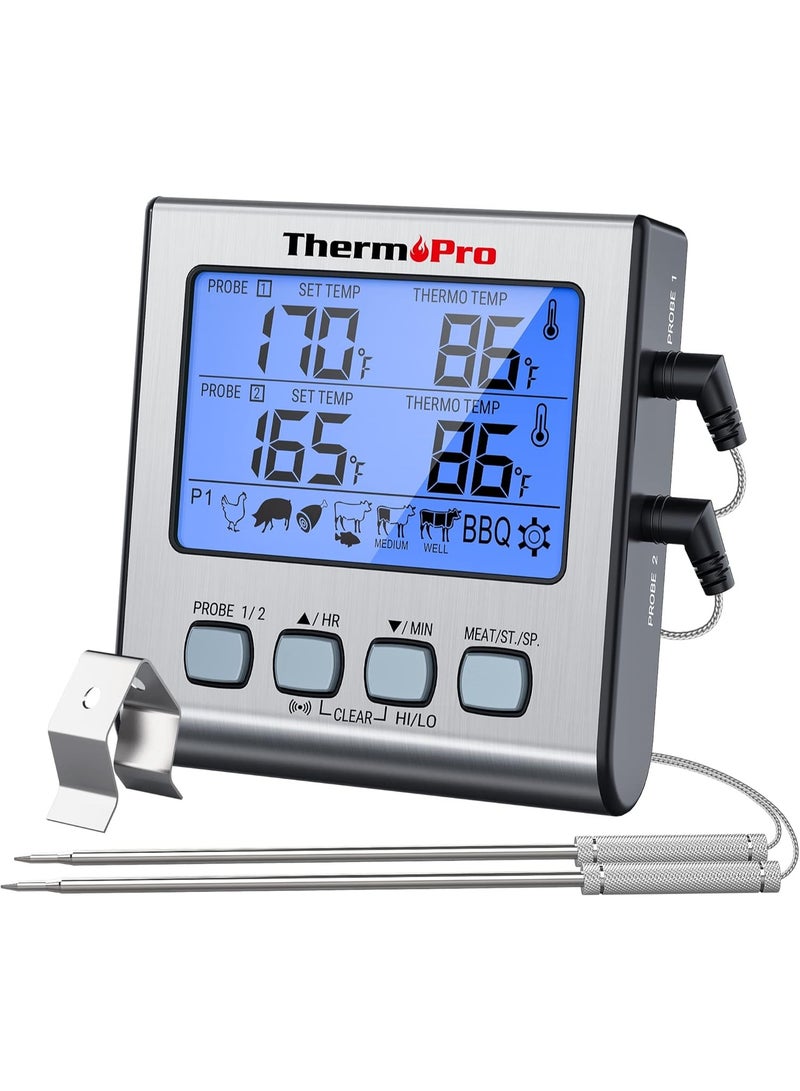 ThermoPro TP17 Dual Probe Digital Cooking Meat Thermometer Large LCD Backlight Food Grill Thermometer with Timer Mode for Smoker Kitchen Oven BBQ, Silver - Image 1
