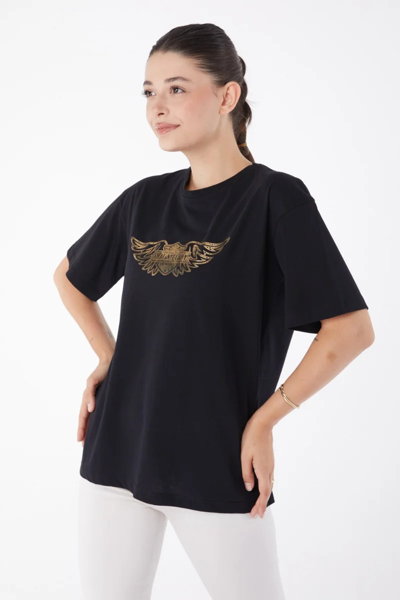 Tofisa Plain Crew Neck Women's Black Short Sleeve Printed T-Shirt - 25981