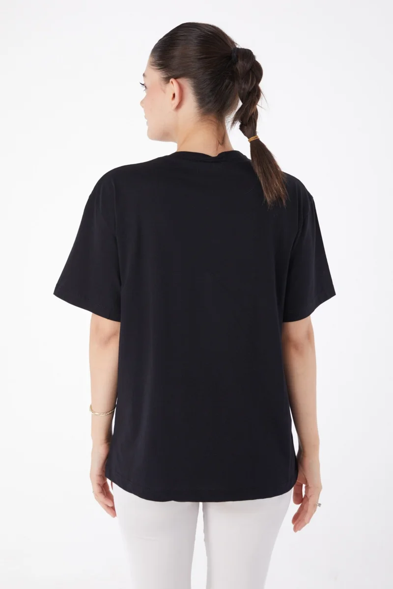Tofisa Plain Crew Neck Women's Black Short Sleeve Printed T-Shirt - 25981
