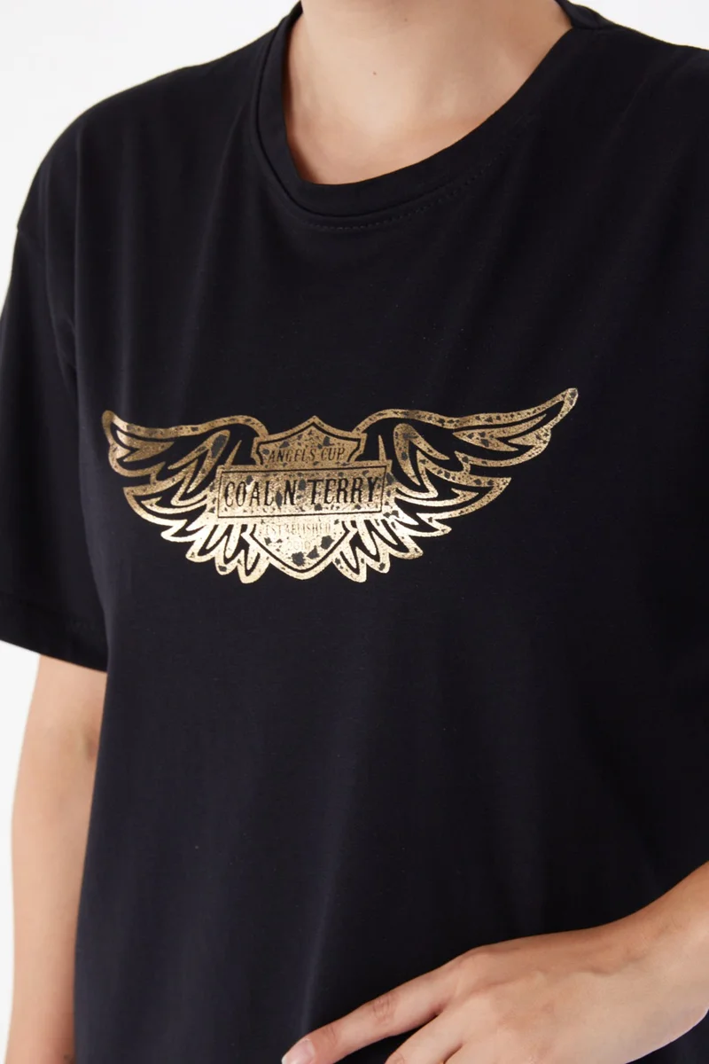 Tofisa Plain Crew Neck Women's Black Short Sleeve Printed T-Shirt - 25981