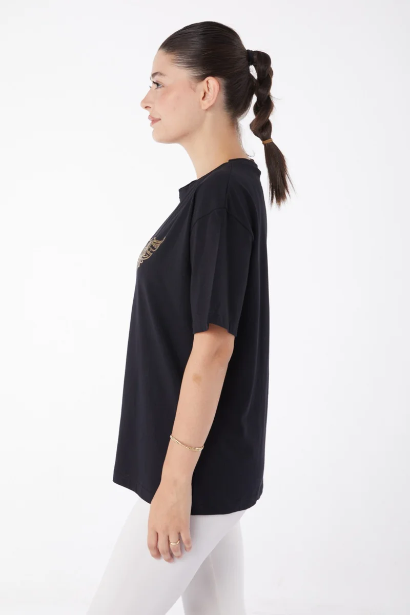 Tofisa Plain Crew Neck Women's Black Short Sleeve Printed T-Shirt - 25981