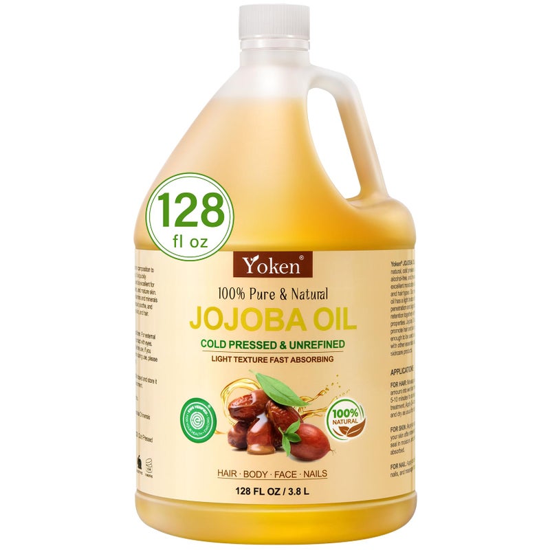 Yoken 1 Gallon Jojoba Oil EWG Verified  100 Pure Jojoba Oils Bulk Cold Pressed Unrefined Hexane Free Virgin Golden jojoba Carrier Oil for Hair Skin Massage DIY Natural Body Moisturizer