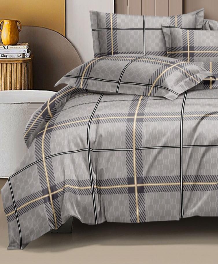 Castiqa Cotton Feels All Over Elastic Fitted Bedsheet Set Perfect Upto 10inch Mattress with 2 Matching Pillow Covers Size18x28inch King Size 72x78 Grey Check - Image 2
