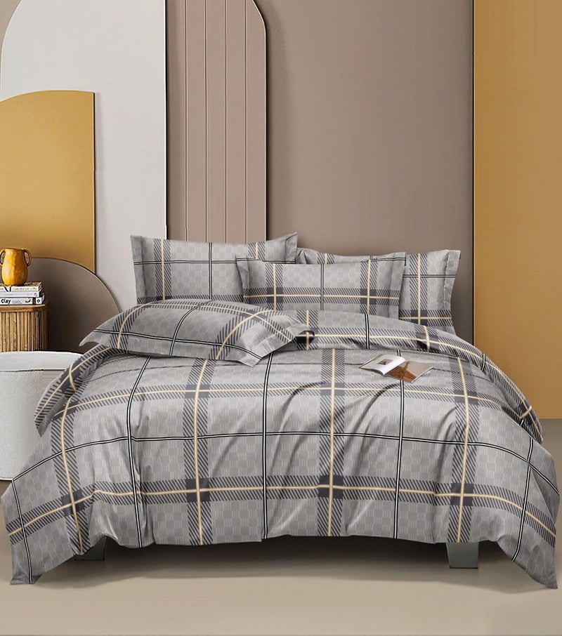 Castiqa Cotton Feels All Over Elastic Fitted Bedsheet Set Perfect Upto 10inch Mattress with 2 Matching Pillow Covers Size18x28inch King Size 72x78 Grey Check - Image 1