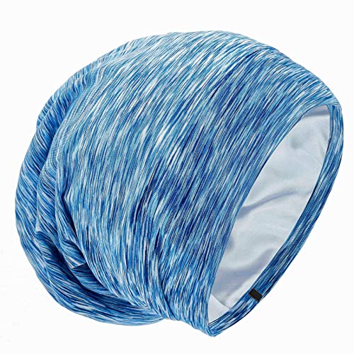 GB Selected Silk Satin Lined Bonnet Sleep Cap - Adjustable Stay on All Night Hair Wrap Cover Slouchy Beanie for Curly Hair Protection for Women and Men - Heather SkyBlue - Image 1