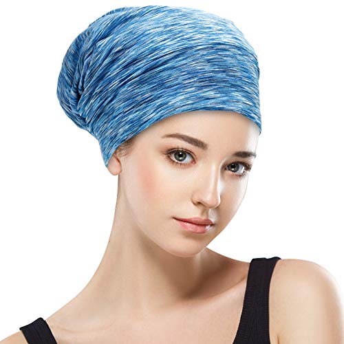 GB Selected Silk Satin Lined Bonnet Sleep Cap - Adjustable Stay on All Night Hair Wrap Cover Slouchy Beanie for Curly Hair Protection for Women and Men - Heather SkyBlue - Image 2