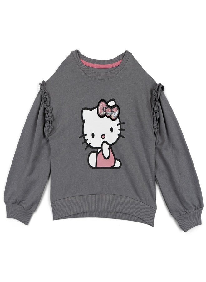 Hello Kitty Little Girls French Terry Drop Shoulder Pullover Sweatshirt and Ribbed Flare Leggings Outfit Set Gray/Pink 5 - Image 2