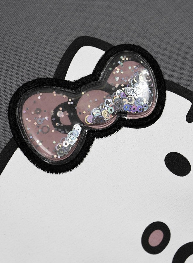 Hello Kitty Little Girls French Terry Drop Shoulder Pullover Sweatshirt and Ribbed Flare Leggings Outfit Set Gray/Pink 5 - Image 3