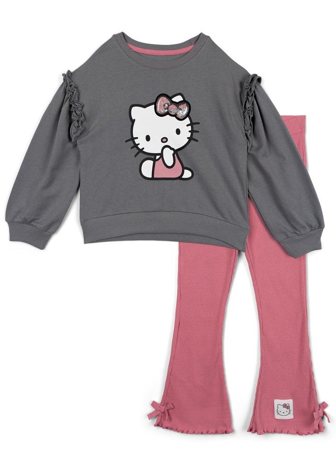 Hello Kitty Little Girls French Terry Drop Shoulder Pullover Sweatshirt and Ribbed Flare Leggings Outfit Set Gray/Pink 5 - Image 1