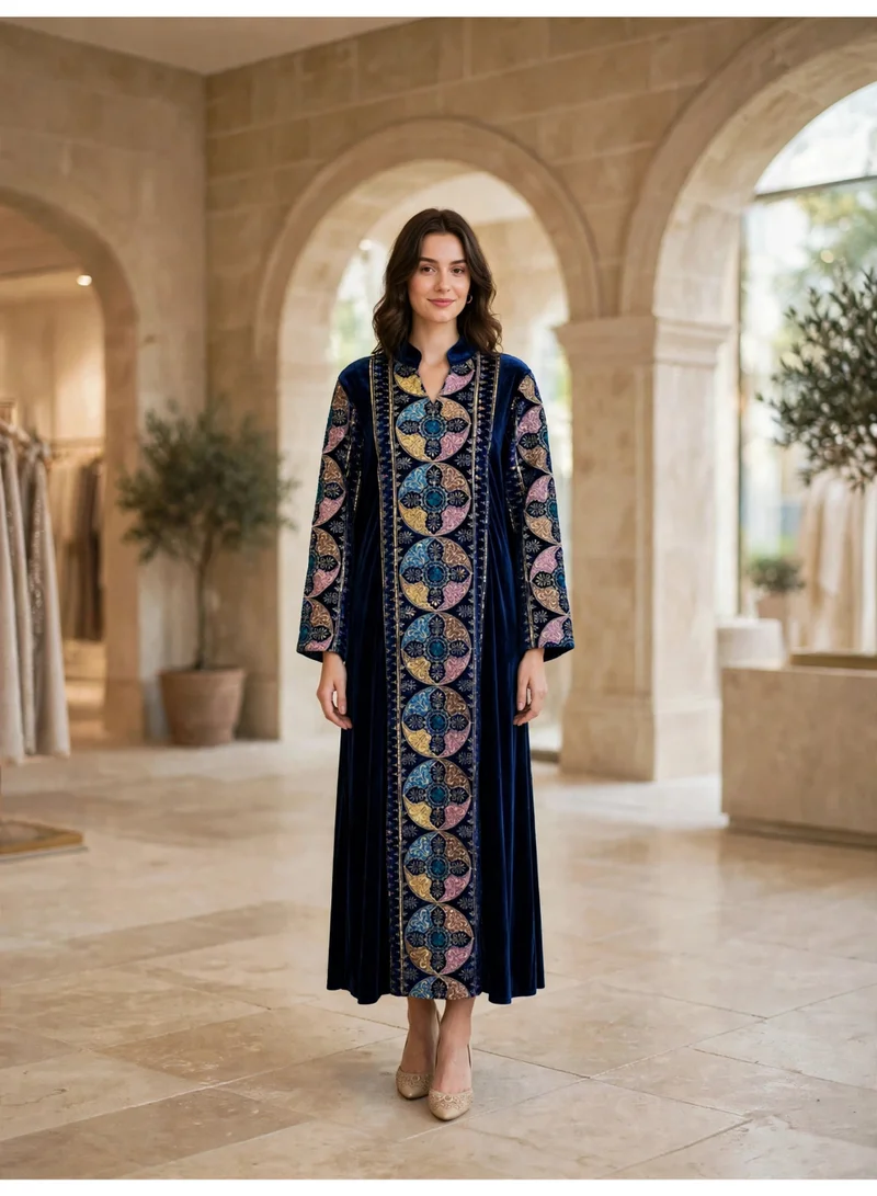 Ikkxa IKKXA Women's Medallion Embroidered Velvet Winter Wear Jalabiya IKW1161
