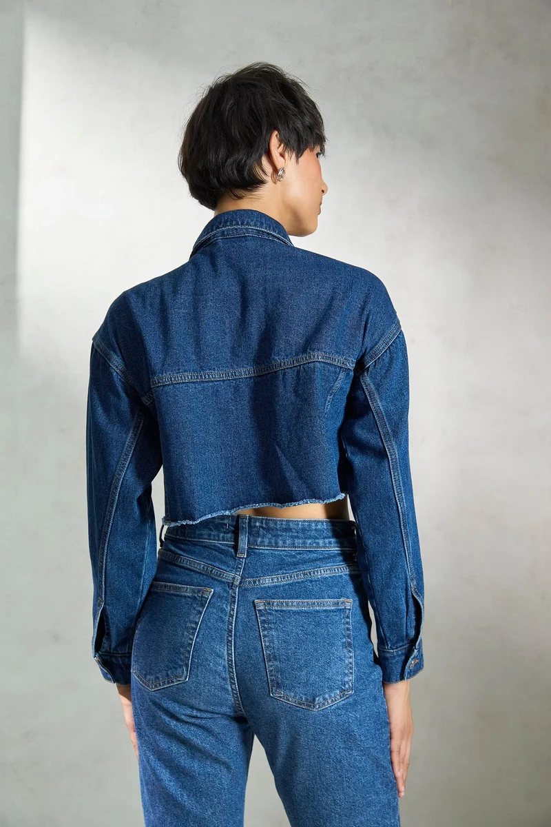 Virgio Virgio Women Cotton Collar Neck Crop Length Denim Full Sleeve Jacket