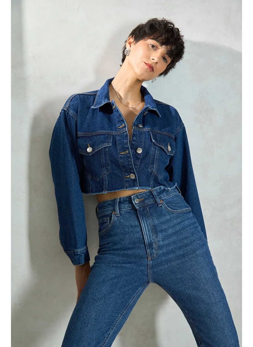 فيرجيو Virgio Women Cotton Collar Neck Crop Length Denim Full Sleeve Jacket