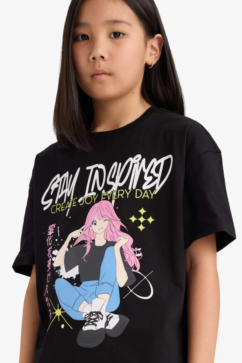 ديفاكتو Girl Oversize Crew Neck Printed Short Sleeve T-Shirt