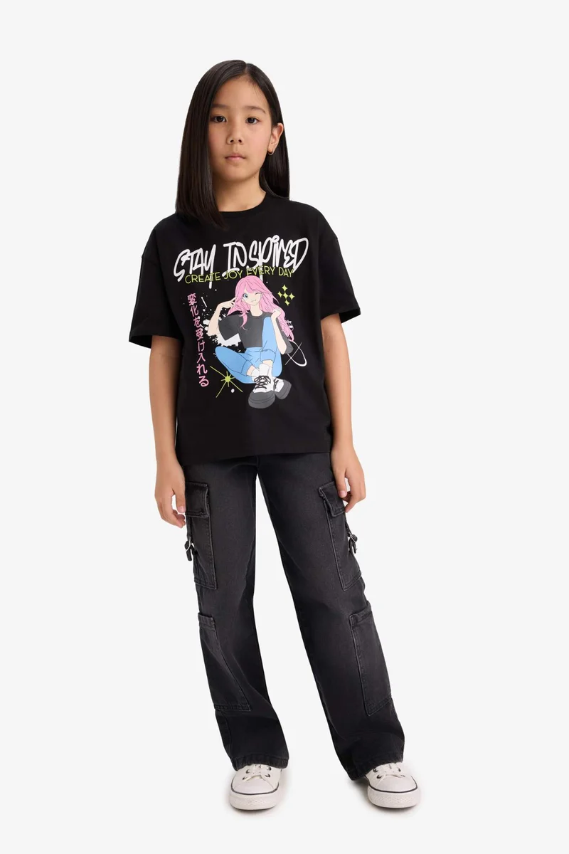 ديفاكتو Girl Oversize Crew Neck Printed Short Sleeve T-Shirt