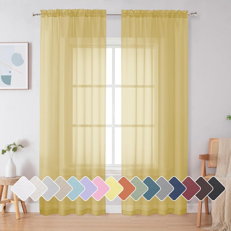 SimpleBrand Yellow Sheer Curtains 84 Inches Long, Light Filtering Rod Pocket Solid Color Window Sheer Curtain Panels, Elegant Curtains & Drapes for Living Room, Bedroom 2 Panels (42" W x 84" L) - Image 1