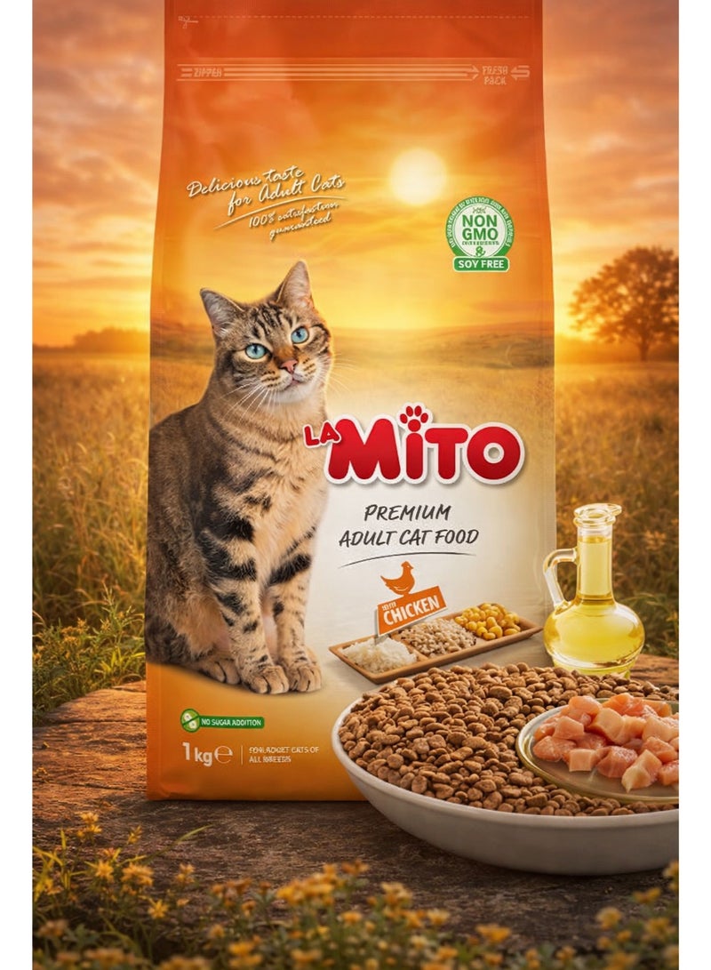 طعام القطط المميز للقطط البالغة بنكهة الدجاج، تركيبة خالية من الصويا والمواد المعدلة وراثياً، بدون سكر مضاف، تغذية متوازنة لجميع السلالات، عبوة 1 كجم.