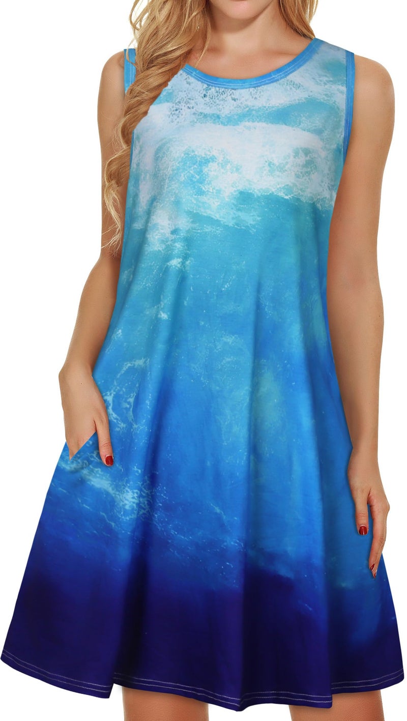 elescat Summer Dresses for Women Casual Beach Sleeveless Sundress Scoop Neck Swing Tank Dress with Pocket(Blue Sea, L) - Image 1