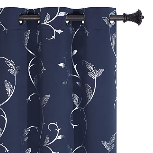 BUHUA Navy Room Darkening Curtains Printed Flower Vine Noise Reducing Window Drapes for Kids Room 38W×96L Inch 1 Pair - Image 1
