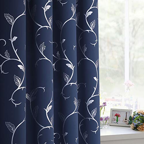 BUHUA Navy Room Darkening Curtains Printed Flower Vine Noise Reducing Window Drapes for Kids Room 38W×96L Inch 1 Pair - Image 3