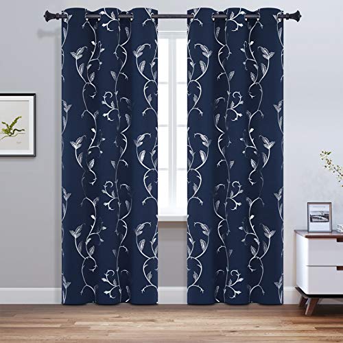 BUHUA Navy Room Darkening Curtains Printed Flower Vine Noise Reducing Window Drapes for Kids Room 38W×96L Inch 1 Pair - Image 2