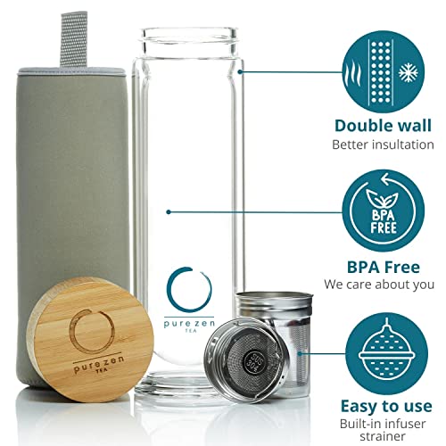 Pure Zen Tea Infuser Bottle - Insulated Glass Bottle for Loose Leaf Infusions - Tea Tumbler with Infuser - Portable Travel Mug for Infused Water - Thermos with Diffuser on the Go - 15 oz - Image 3