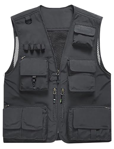 Flygo Mens Casual Lightweight Outdoor Fishing Work Safari Travel Photo Cargo Vest Jacket Multi PocketsLarge Grey